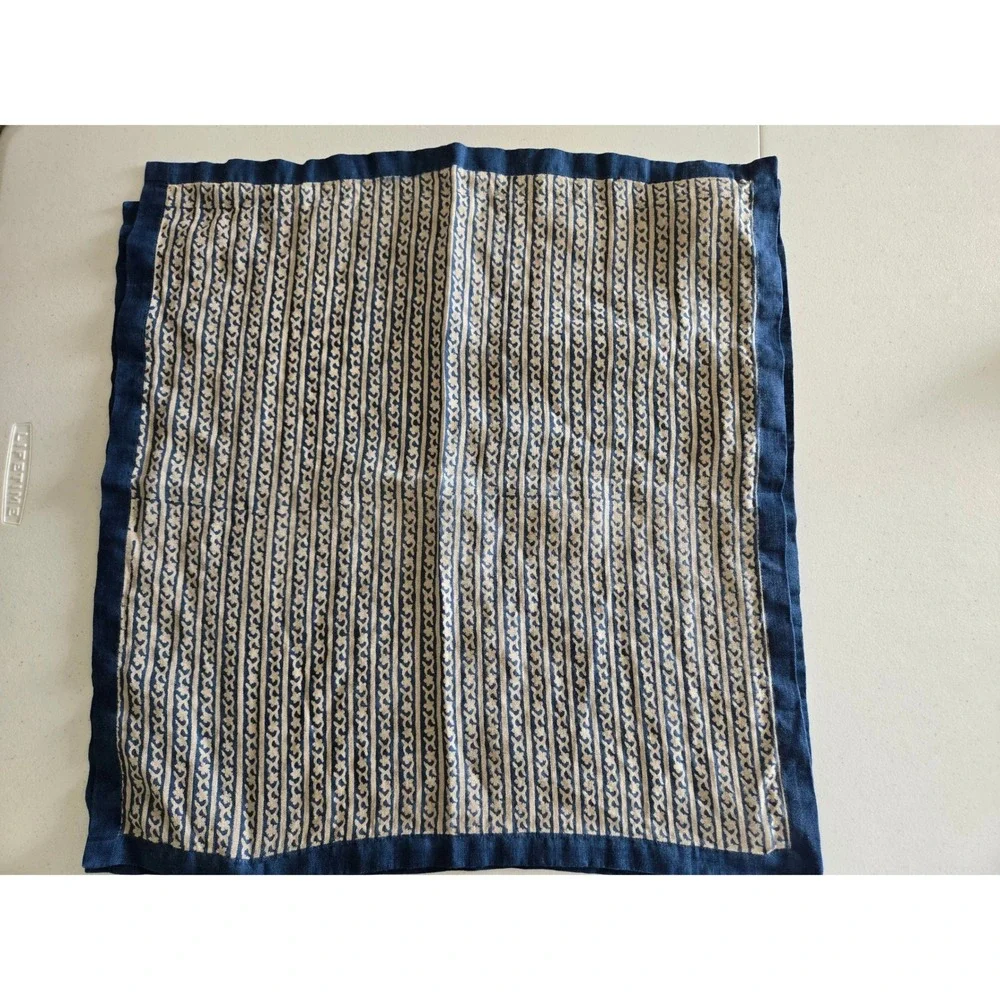 West Elm Marlowe Blue Beige Floral Striped 100% Linen Napkins Set of 2 20x20